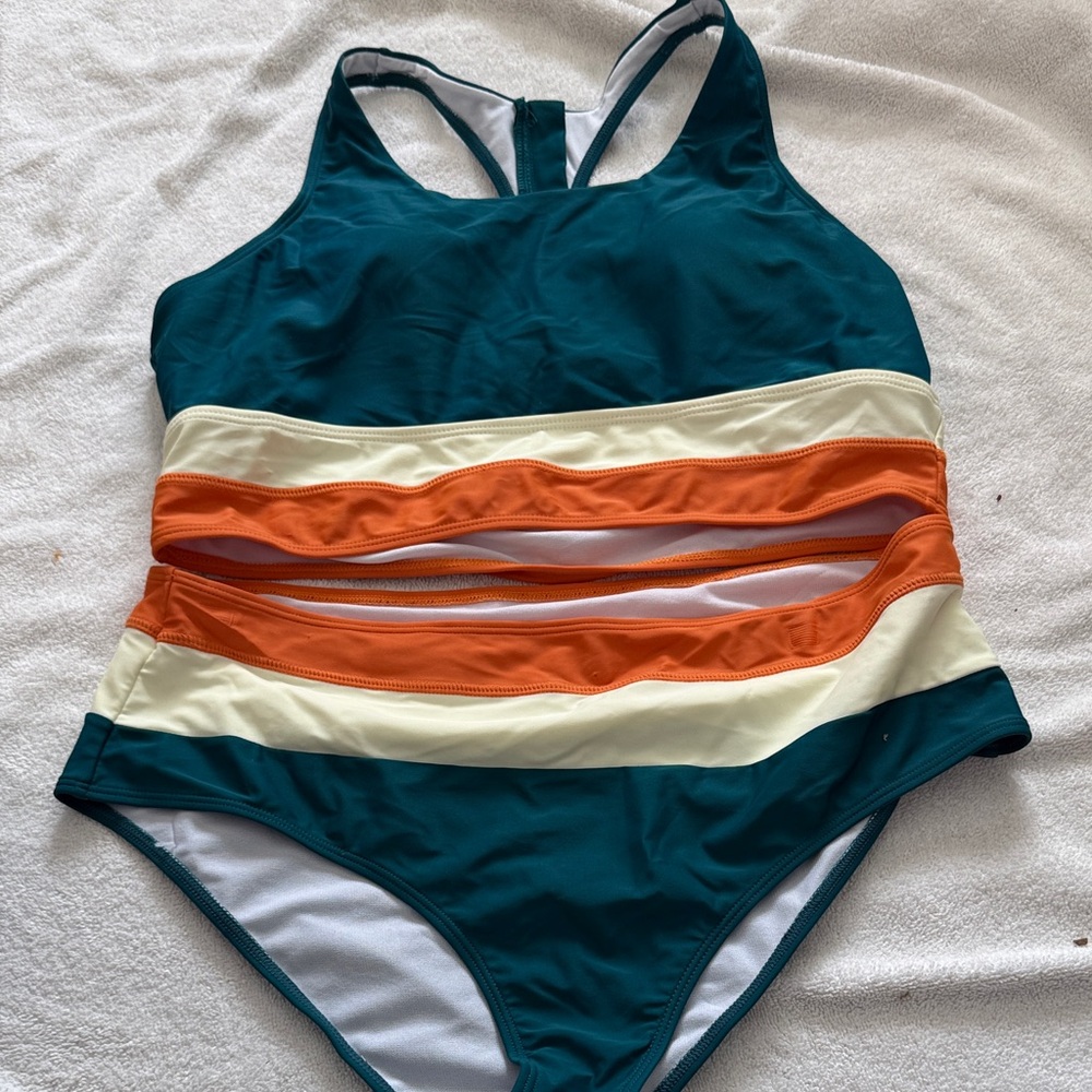 Chic Teal and Orange Striped Bikini